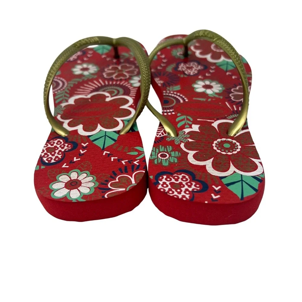 Havaianas Slim Flip Flops Women's US 6 EU 39/40 Red Floral‎ Gold Straps